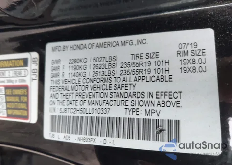 2020 Acura Rdx Technology Package from USA, damaged, VIN 5J8TC2H50LL010337